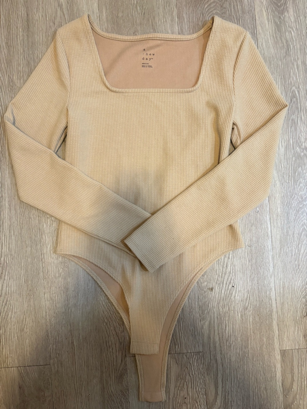 a new day Ribbed Square-Neck Long-Sleeve Bodysuit in Beige